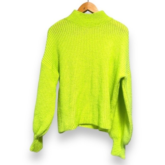 Maeve Betty Puff-Sleeved Neon Lime Green Chunky Mock Neck Sweater Size Medium - Picture 3 of 16